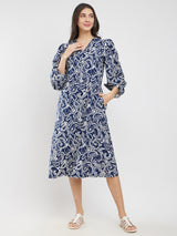 Cotton Paisley A-Line Dress - Navy Blue