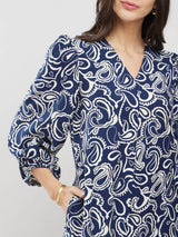 Cotton Paisley A-Line Dress - Navy Blue