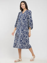 Cotton Paisley A-Line Dress - Navy Blue