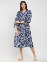 Cotton Paisley A-Line Dress - Navy Blue