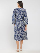 Cotton Paisley A-Line Dress - Navy Blue