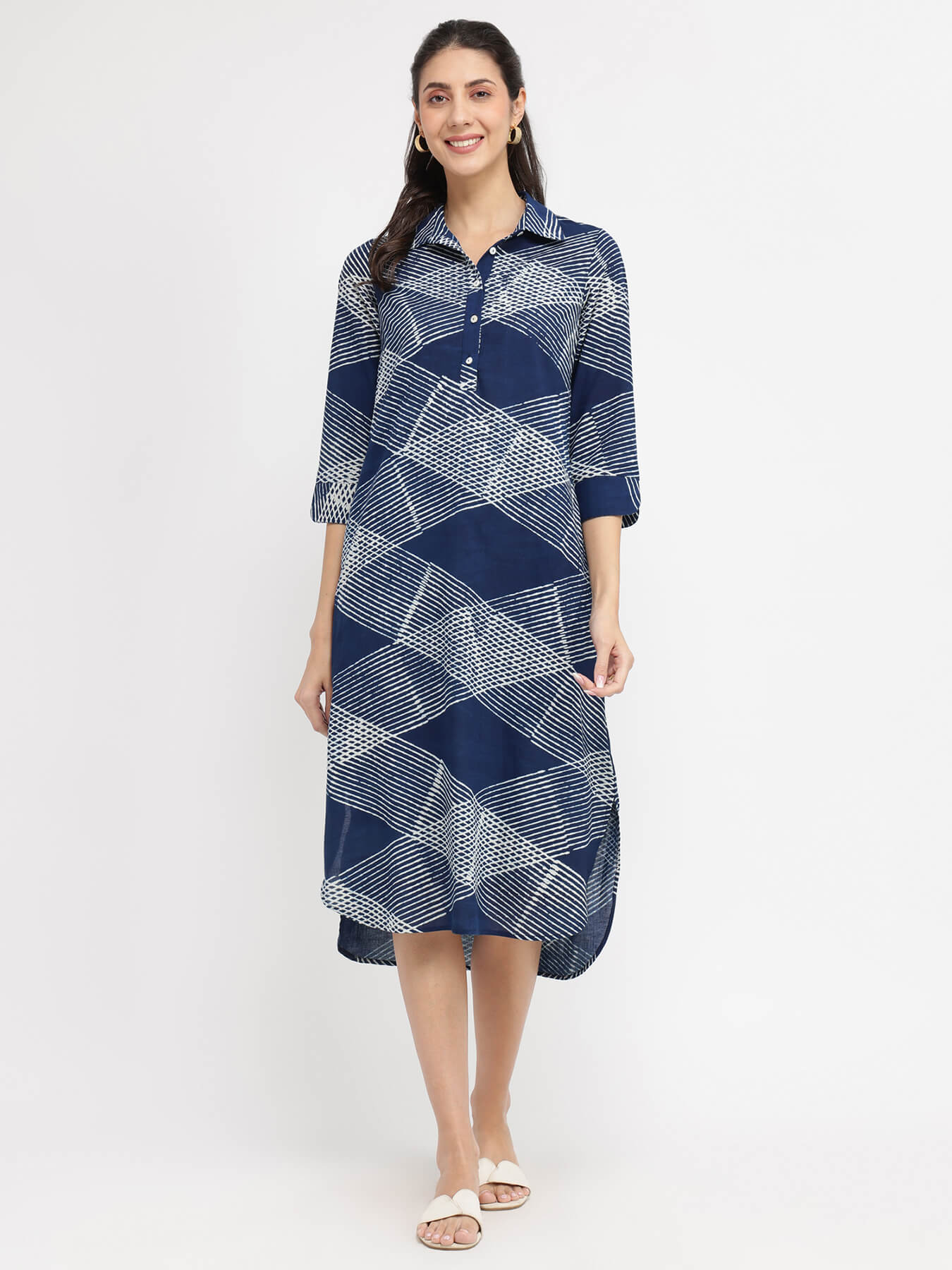 Cotton Dabu Geometric Shirt Dress - Blue