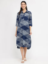 Cotton Dabu Geometric Shirt Dress - Blue