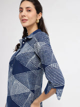 Cotton Dabu Geometric Shirt Dress - Blue