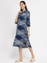 Cotton Dabu Geometric Shirt Dress - Blue
