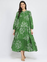 Cotton Bandhani Floral Tiered Dress - Green