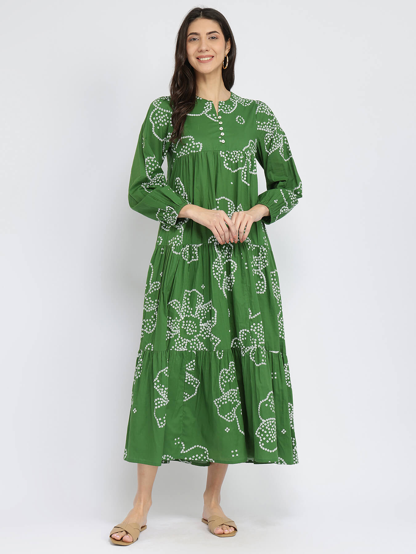 Cotton Bandhani Floral Tiered Dress - Green