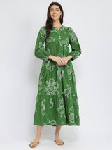 Cotton Bandhani Floral Tiered Dress - Green