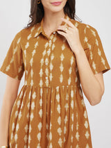 Cotton Dabu Striped Shirt Dress - Mustard