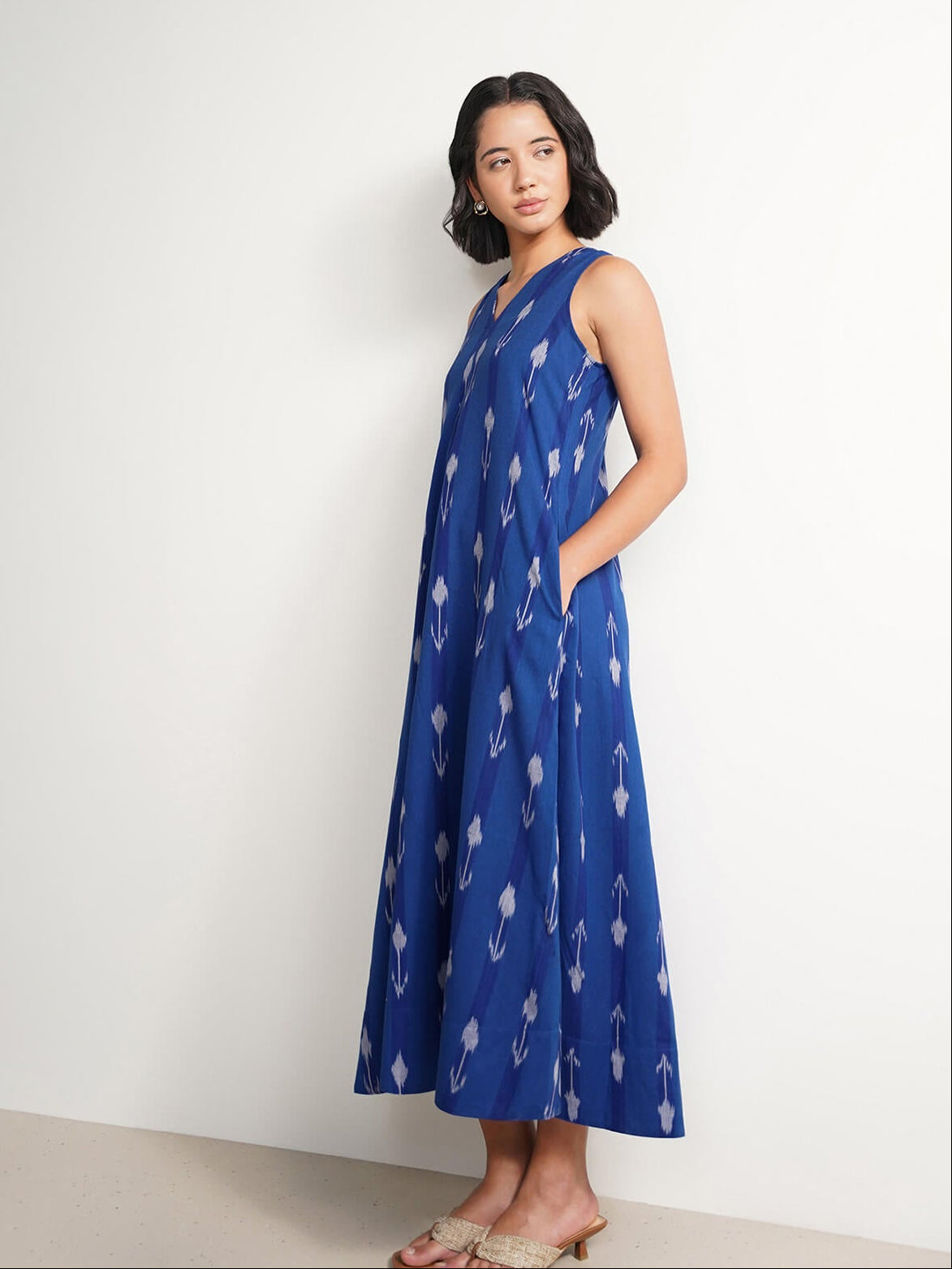 Cotton Ikat Sleeveless A-Line Dress - Blue