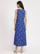 Cotton Ikat Sleeveless A-Line Dress - Blue