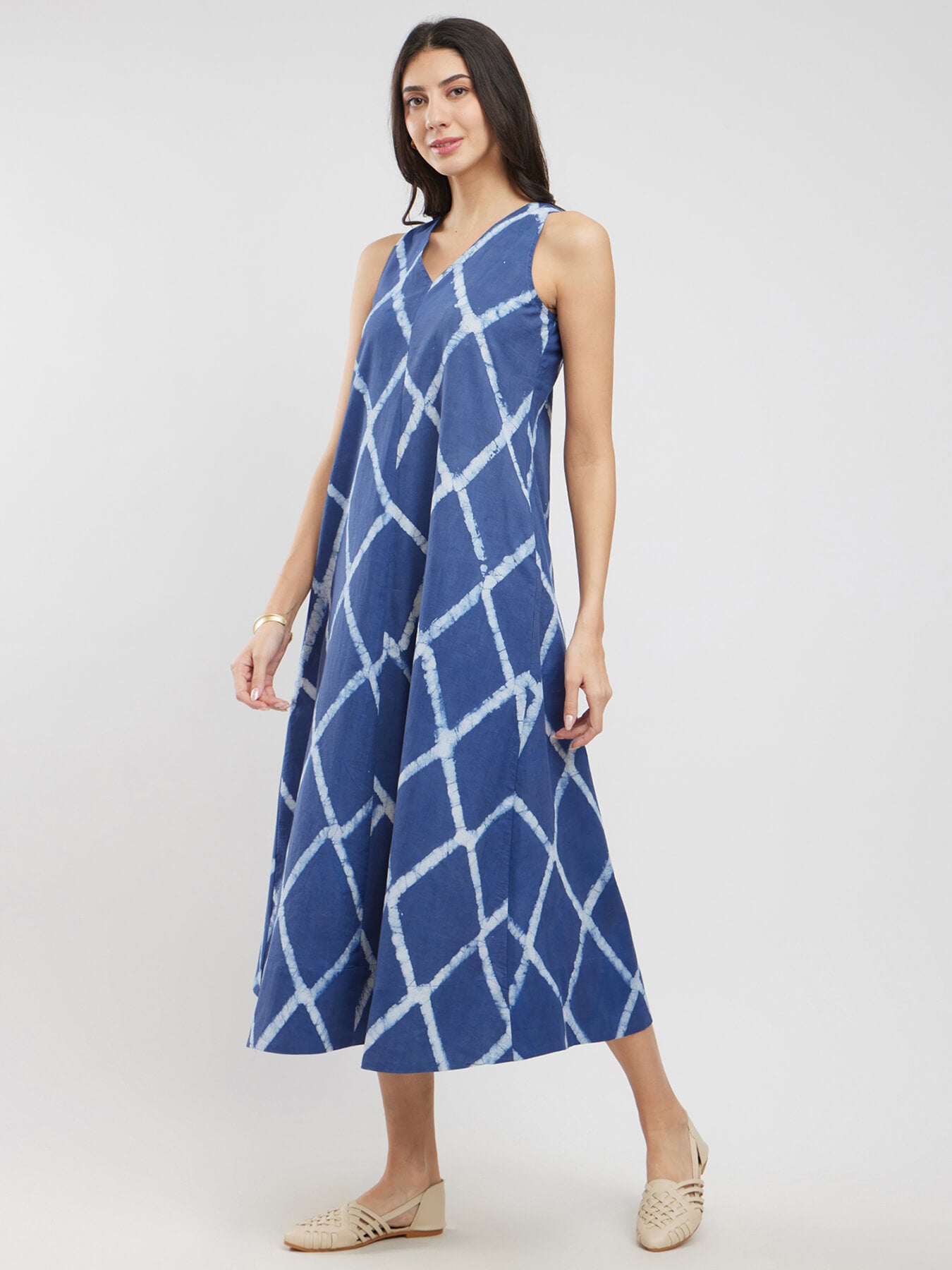 Cotton Dabu Geometric A-Line Dress - Blue