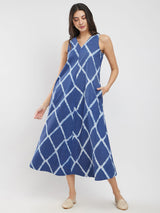 Cotton Dabu Geometric A-Line Dress - Blue