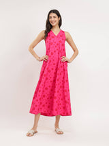 Floral A-Line Sleeveless Dress - Pink & Red