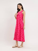 Floral A-Line Sleeveless Dress - Pink & Red
