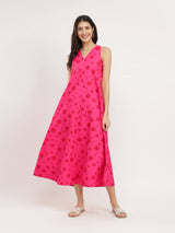 Floral A-Line Sleeveless Dress - Pink & Red