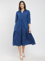 Cotton Dabu Polka Dress - Blue