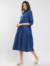 Cotton Dabu Polka Dress - Blue