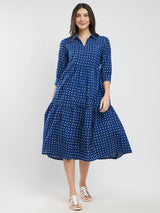 Cotton Dabu Polka Dress - Blue