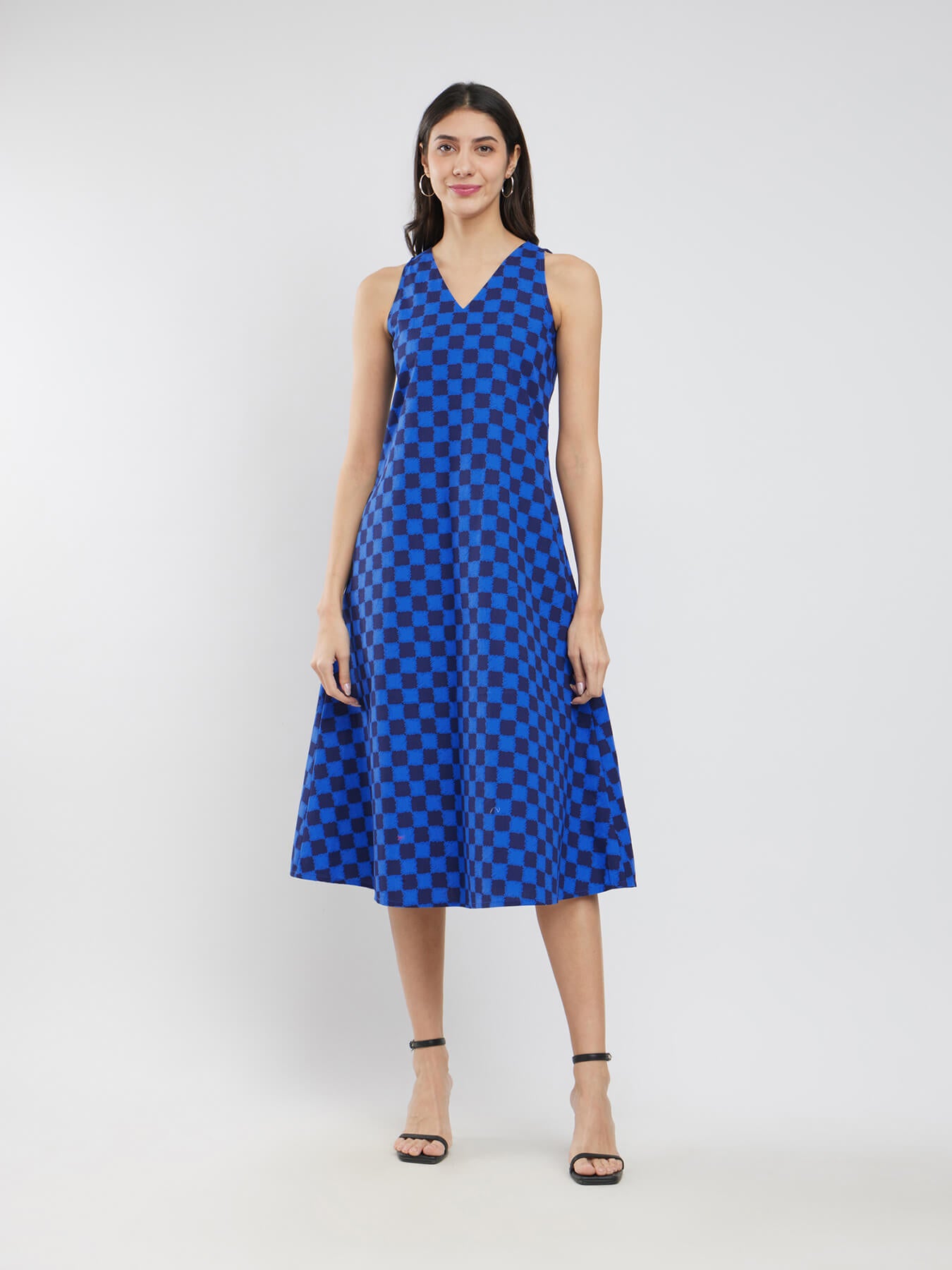 Cotton Checked Sleeveless Dress - Blue