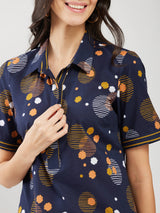 Cotton Print Play Dress - Navy Blue