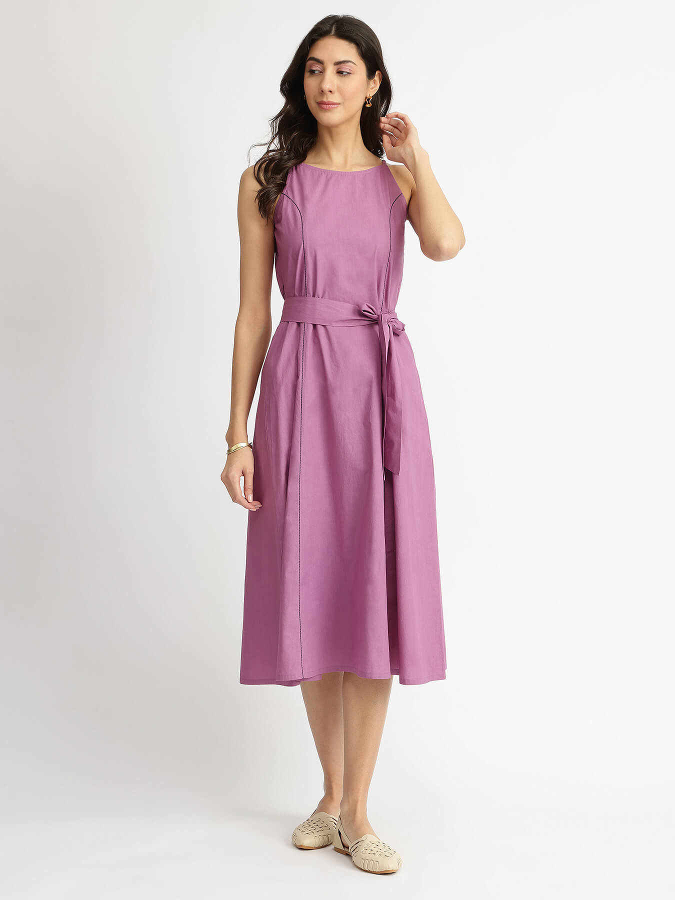 Air Loom Cotton Poplin Solid Dress with Belt - Purple