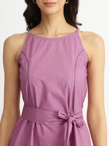 Air Loom Cotton Poplin Solid Dress with Belt - Purple