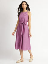 Air Loom Cotton Poplin Solid Dress with Belt - Purple