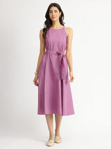 Air Loom Cotton Poplin Solid Dress with Belt - Purple
