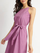 Air Loom Cotton Poplin Solid Dress with Belt - Purple