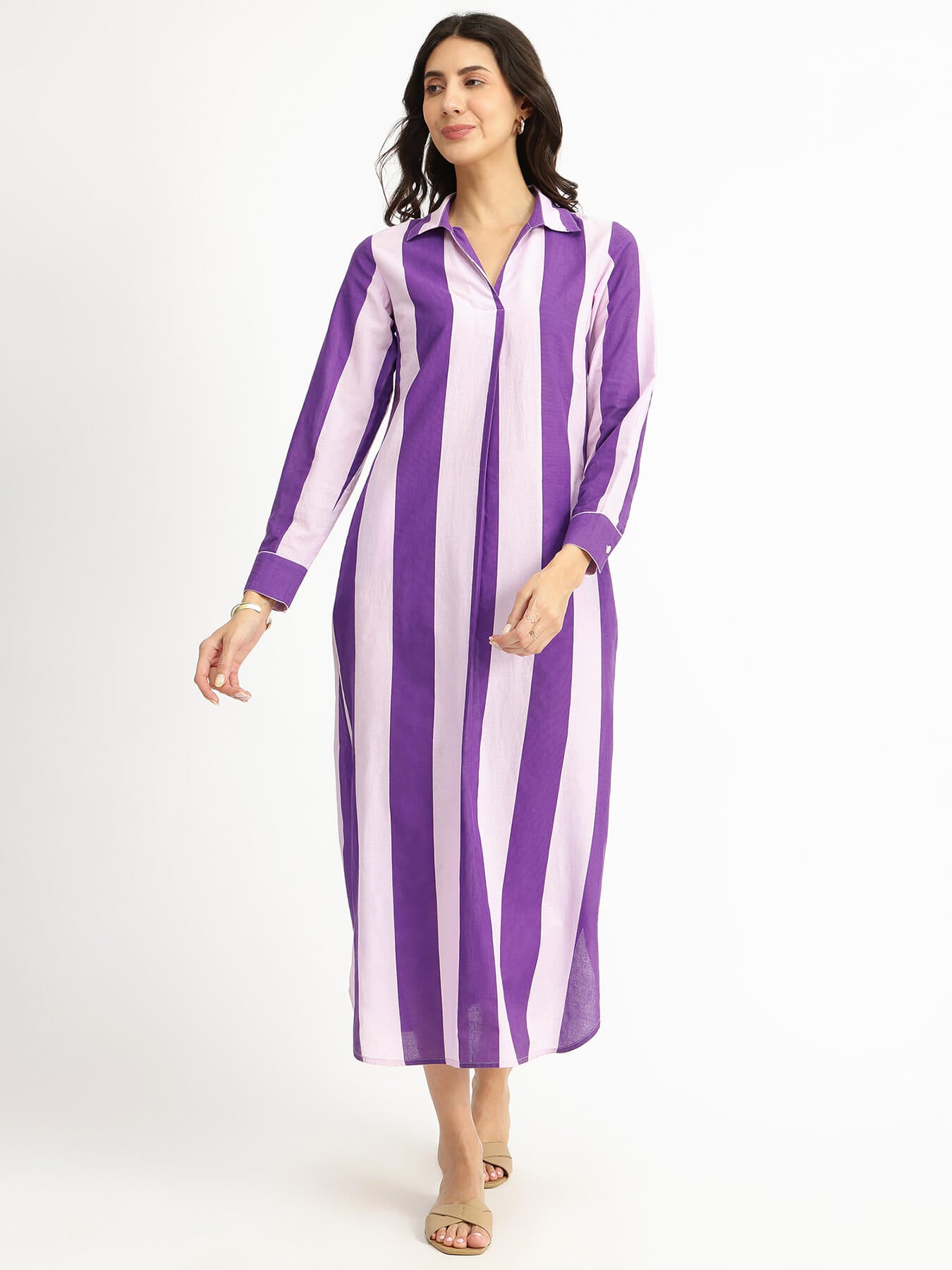 Cotton Striped Shirt Collar Dress - Purple