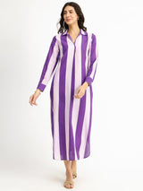 Cotton Striped Shirt Collar Dress - Purple