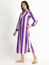 Cotton Striped Shirt Collar Dress - Purple