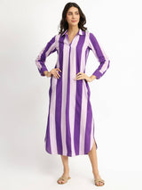 Cotton Striped Shirt Collar Dress - Purple