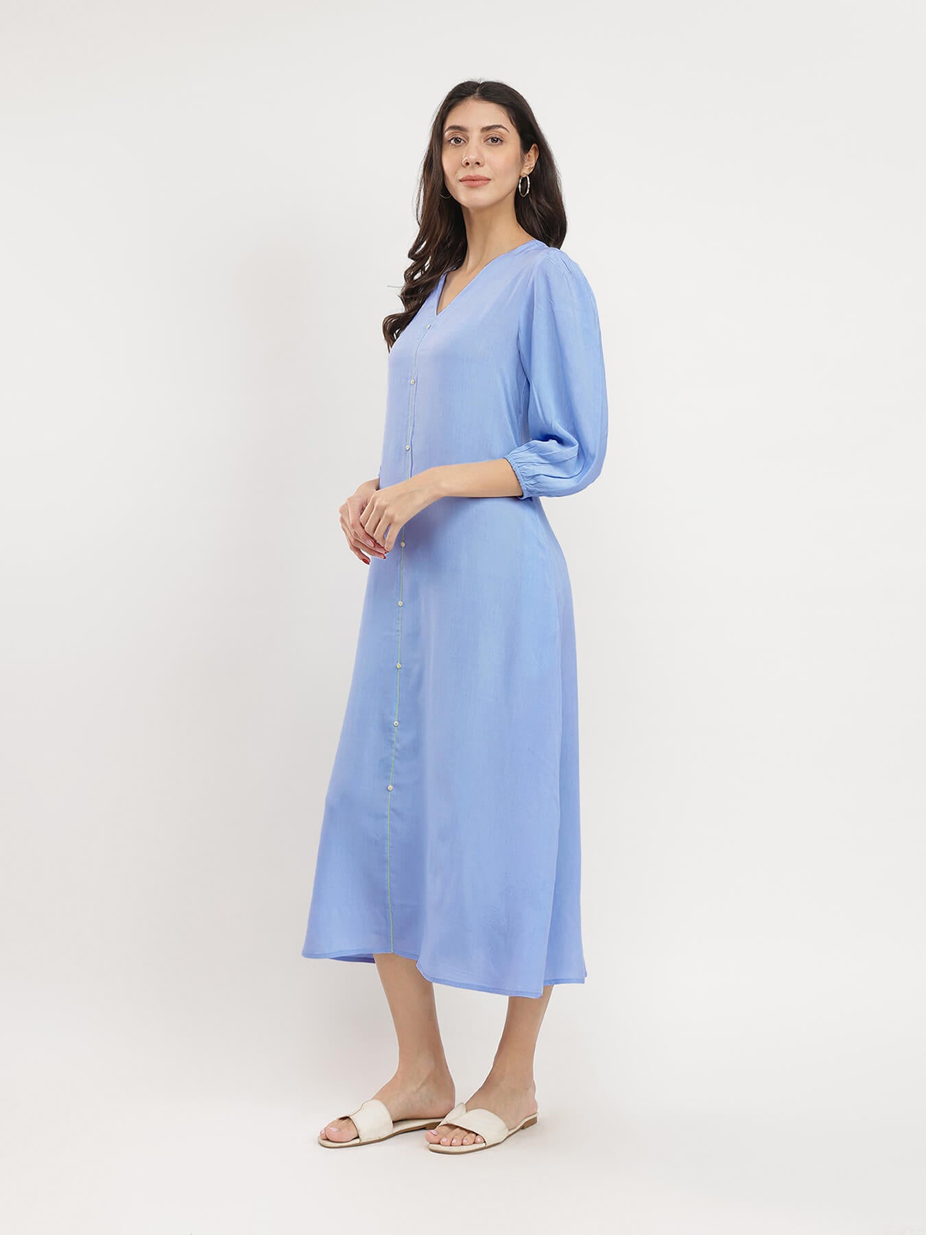 Rayon Solid Buttoned Maxi Dress - Blue