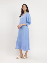Rayon Solid Buttoned Maxi Dress - Blue