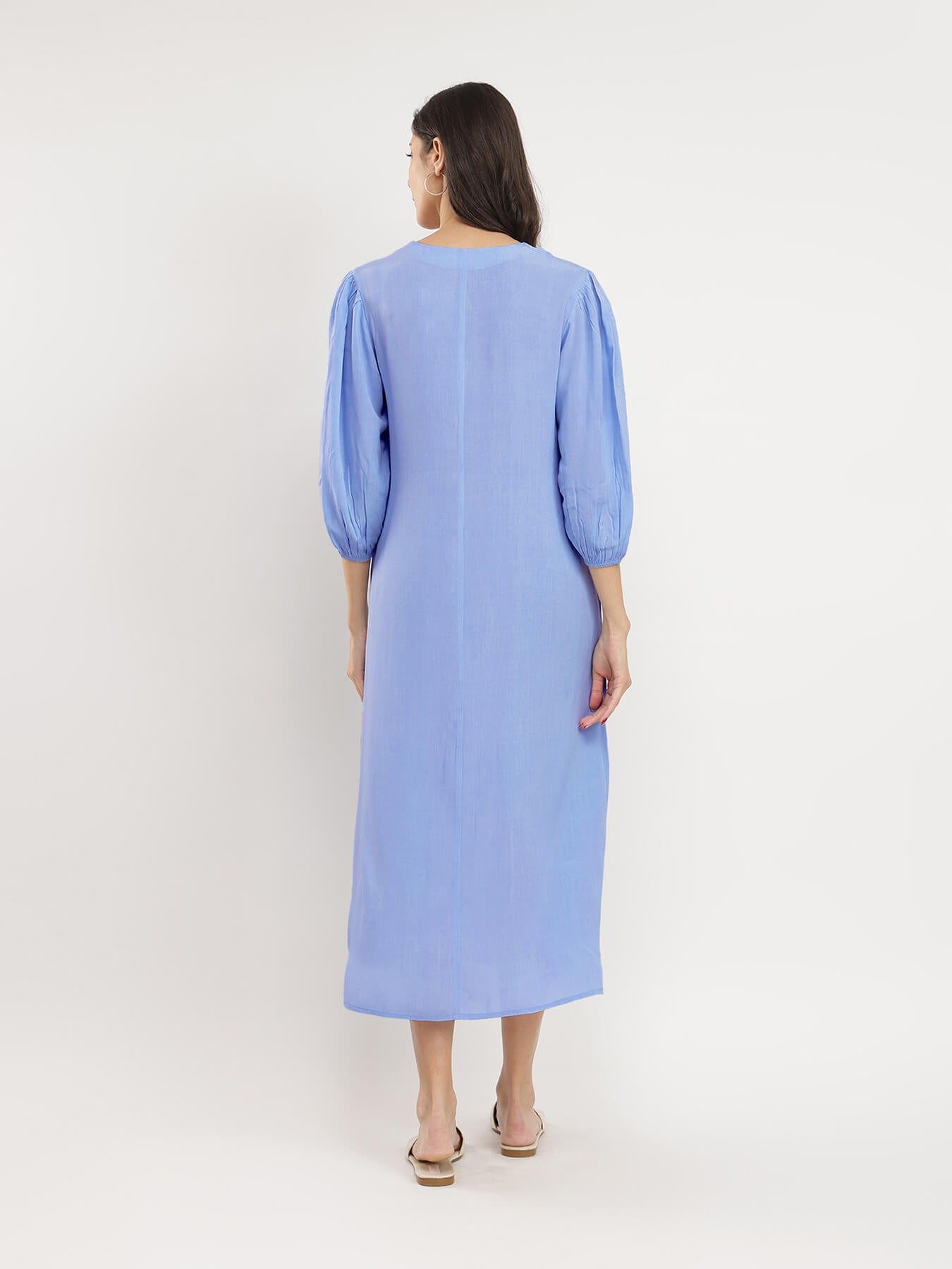 Rayon Solid Buttoned Maxi Dress - Blue