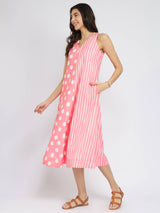 Cotton Polka & Striped A-Line Dress - Peach