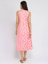 Cotton Polka & Striped A-Line Dress - Peach