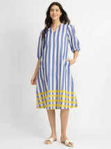 Cotton Stripe Play A-Line Dress - Blue & Yellow