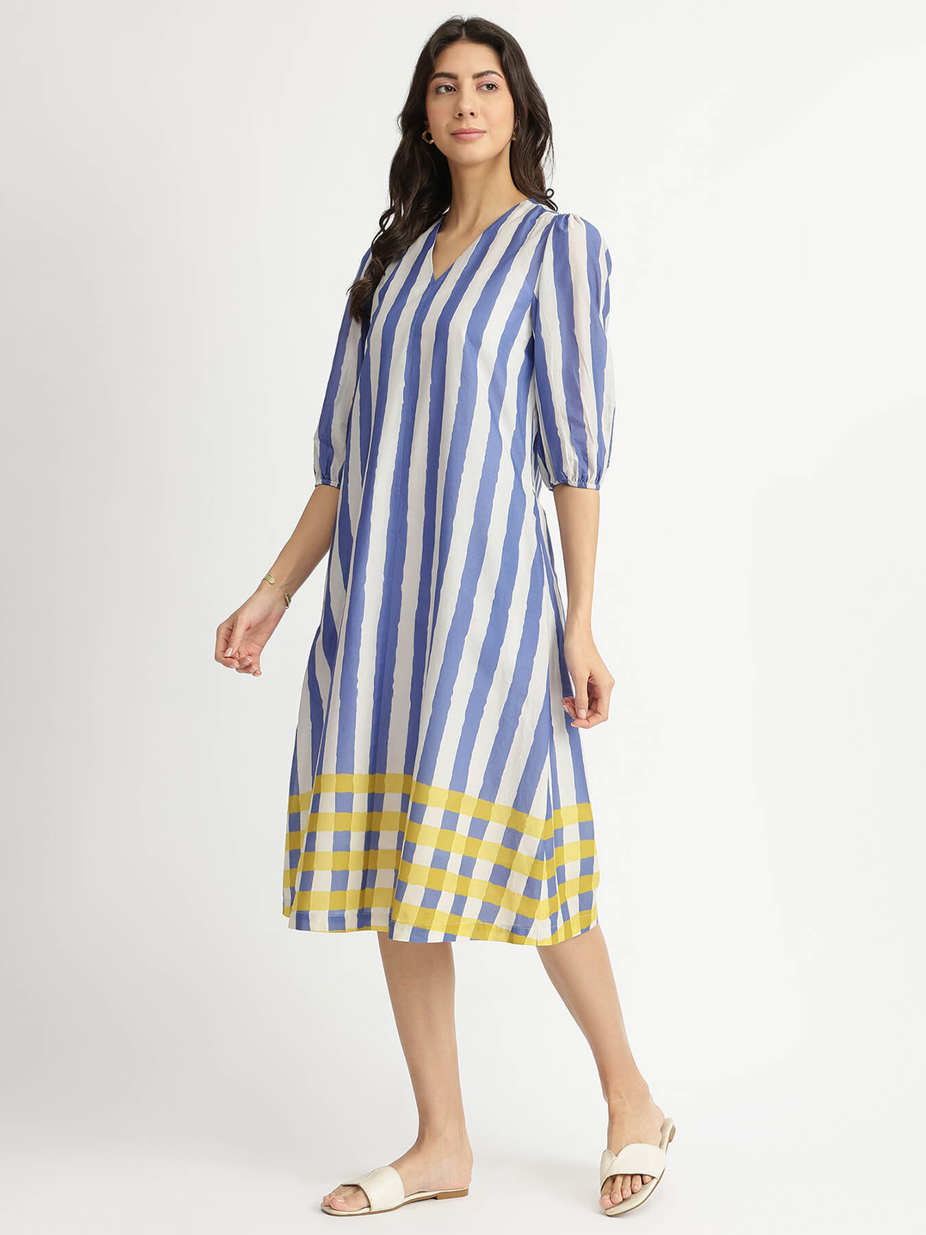 Cotton Stripe Play A-Line Dress - Blue & Yellow