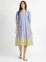 Cotton Stripe Play A-Line Dress - Blue & Yellow
