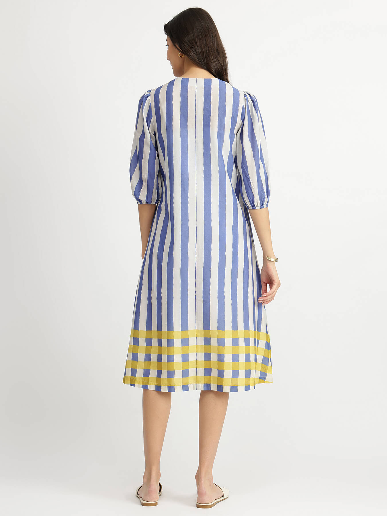Cotton Stripe Play A-Line Dress - Blue & Yellow