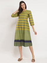 Cotton Striped A-Line Dress - Green