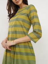 Cotton Striped A-Line Dress - Green