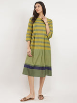 Cotton Striped A-Line Dress - Green