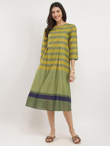 Cotton Striped A-Line Dress - Green