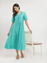 Cotton Placement Stripe Dress - Green