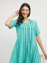 Cotton Placement Stripe Dress - Green