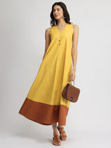 Linen Blend Colourblock A-Line Dress - Yellow & Rust